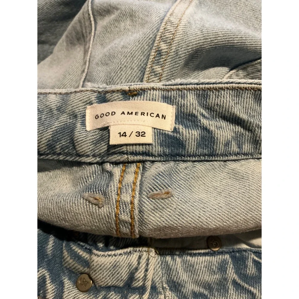 Good American Good 90s Distressed Mid Rise Straight Leg Jeans Light Blue 14/32 - Picture 2 of 3